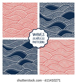 Decorative seamless patterns. Vector illustration with abstract waves or dunes. Collection of geometric ornaments.
