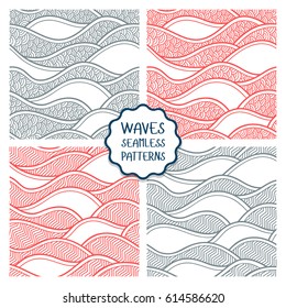 Decorative seamless patterns. Vector illustration with abstract waves or dunes. Collection of geometric ornaments.