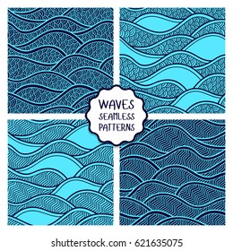 Decorative seamless patterns. Vector illustration with abstract waves or dunes. Collection of geometric ornaments.