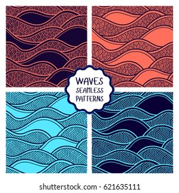 Decorative seamless patterns. Vector illustration with abstract waves or dunes. Collection of geometric ornaments.