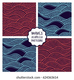 Decorative seamless patterns. Vector illustration with abstract waves or dunes. Collection of geometric ornaments.