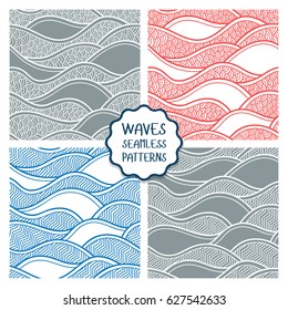 Decorative seamless patterns. Vector illustration with abstract waves or dunes. Collection of geometric ornaments.