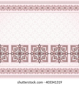 Decorative seamless pink brown border on white background.  Element for design and place for your text. Ornamental backdrop. Ornate floral decor for wallpaper. Traditional decor on white background.