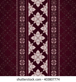 Decorative seamless pink brown border on a vinous background.  Element for design. Ornamental backdrop. Pattern fill. Ornate floral decor for wallpaper. Traditional decor on brown background.