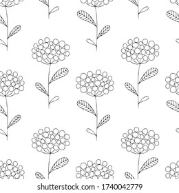 Decorative seamless plant pattern of stylized branches. Black outline drawing on a white background. Vector illustration.