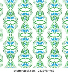 Decorative seamless repeating pattern featuring blue mustaches and green floral ornaments.