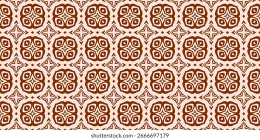 A decorative and seamless repeating pattern of geometric floral and star motifs, creating a classic, vintage tile like design in a warm brown and cream palette.