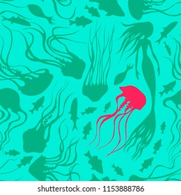 Decorative seamless sea pattern with chaotic silhouettes of jellyfishes. Endless ornament with green shadow-figures of medusas, fish, mermaid and one pink shadow-figure of medusa on turquoise backdrop