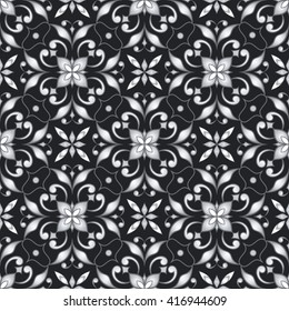 Decorative seamless silver texture on black background.  Element for design. Ornamental backdrop. Ornate floral decor for wallpaper. Traditional decor on black background.