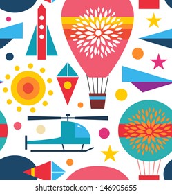 Decorative seamless sky pattern. Background with air balloon, helicopter, kite, airplane sky rocket. Childish geometric bright texture