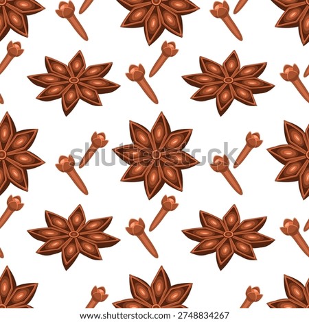 Decorative seamless spice pattern with star anise flowers and cloves arranged on a clean background. Warm culinary illustration ideal for kitchen themed textiles, packaging design, wallpaper and food related graphics.
