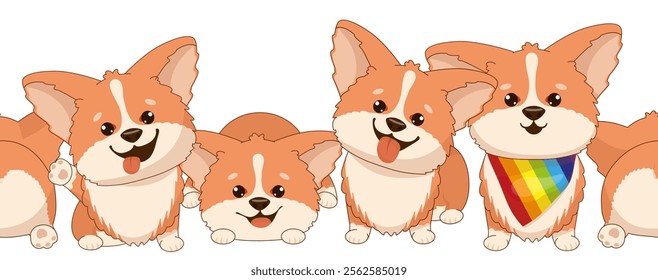 Decorative seamless stripe with corgi puppies. Vector illustration for poster, greeting card or invitation