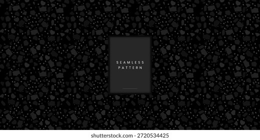 Patrón de terrazo sin costuras decorativo con fragmentos de piedra orgánica densa y virutas en gris monocromo oscuro sobre un fondo negro