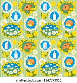 Decorative seamless texture with the image of cows, dairy and pasture
