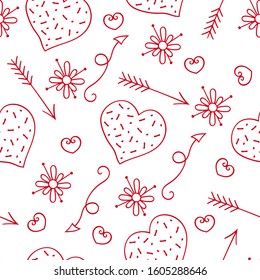 Decorative seamless texture with red hearts and Cupid arrows on a white background.Colorful vector illustration in Doodle style.Valentine's day symbol for packaging, textiles, wedding cards.