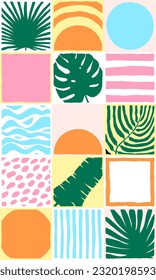 Decorative seamless tiled pattern. Hand-drawn exotic plant, tropical leaves, waves, stripes, sun, dots background. Vector bright jungle illustration for interior, summer beach fabric, wrapping paper
