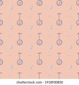 Decorative seamless transport pattern with blue colored bicycle elements print. Pink background. Vector illustration for seasonal textile prints, fabric, banners, backdrops and wallpapers.