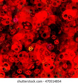 Decorative seamless vector background of stylized skulls and stains. Halloween red pattern.