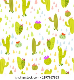Decorative seamless vector pattern. Cacti and flowers, desert on a white background