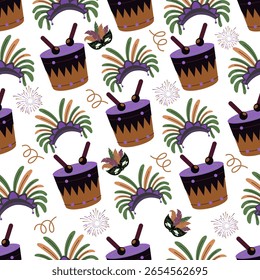 Decorative seamless vector pattern including traditional carnival masks, colorful feathers, and festive elements. Suitable for Mardi Gras events, fabric, or party graphics.