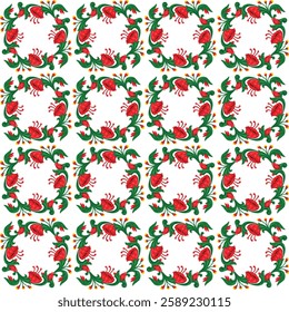 Decorative seamless vector pattern in Khokhloma folk art style, showcasing circular floral wreaths in red and green on a white background. Ideal for wallpaper, fabric, and print projects.