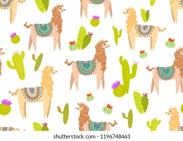 Decorative seamless vector pattern. Lama and cactus, desert on a white background