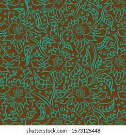 A decorative seamless vector pattern with linear floral ornament in teal on brown background. Intiricate surface print design. Great for backgrounds, stationery and fabrics.