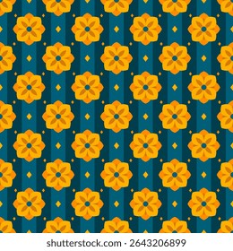 Decorative seamless vector pattern with repeating Thai-style flower tiles in warm yellow and orange tones. Ideal for textile design, packaging, and cultural-themed projects.
