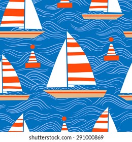 Decorative seamless vector pattern with stylized yachts and buoys
