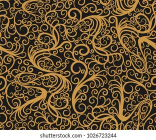 Decorative seamless vector pattern of swirls and swoops. Gold, isolated on black background