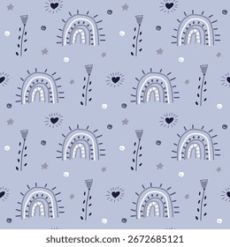 Decorative seamless vector rainbow pattern with lavender tones, whimsical retro wallpaper