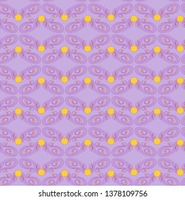 Decorative seamless Victorian pattern in violet hues with mute orange flowers, vector as a fabric texture