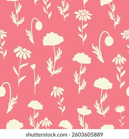 Decorative seamless vintage pattern in classic style with small flowers, ditsy. Silhouettes of flowers, bicolor ornament in pastel colors