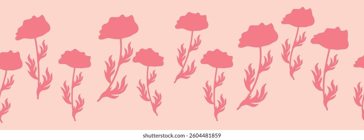Decorative seamless vintage pattern in classic style with flowers and branches. Silhouettes of flowers, Two-color horizontal ornament in pastel colors, border