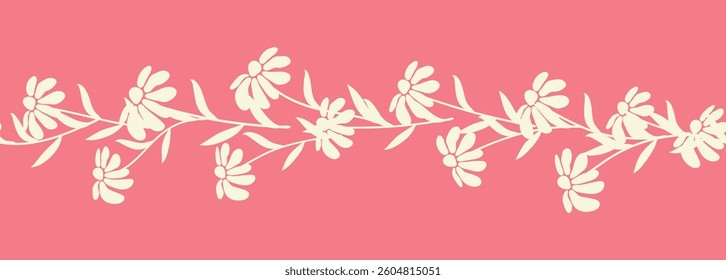 Decorative seamless vintage pattern in classic style with flowers and branches. Silhouettes of flowers, Two-color horizontal ornament in pastel colors, border