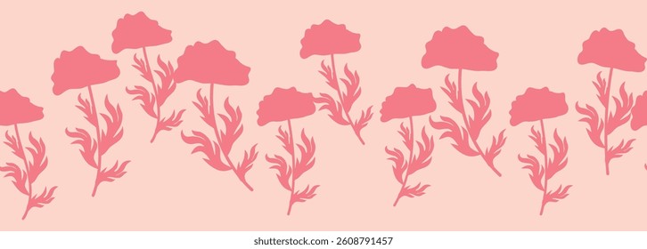 Decorative seamless vintage pattern in classic style with flowers and branches. Silhouettes of flowers, Two-color horizontal ornament in pastel colors, border
