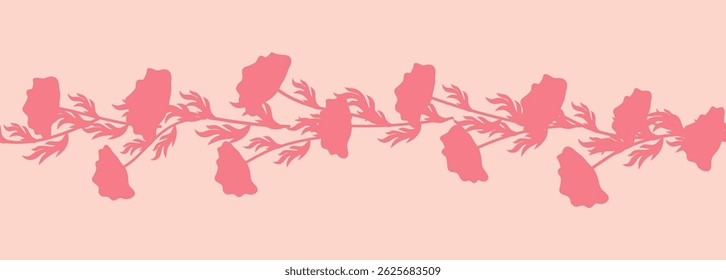 Decorative seamless vintage pattern in classic style with flowers and branches. Silhouettes of flowers, Two-color horizontal ornament in pastel colors, border