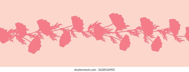 Decorative seamless vintage pattern in classic style with flowers and branches. Silhouettes of flowers, Two-color horizontal ornament in pastel colors, border