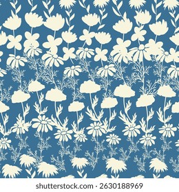 Decorativo sem costura vintage padrão em estilo clássico com flores pequenas, ditsy. Silhuetas de flores, ornamento bicolor em cores pastel