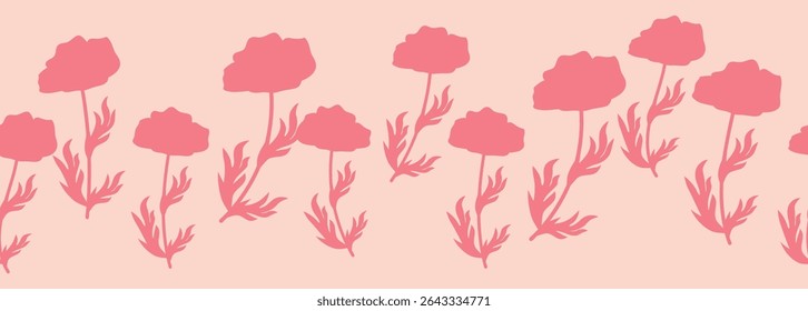 Decorative seamless vintage pattern in classic style with flowers and branches. Silhouettes of flowers, Two-color horizontal ornament in pastel colors, border