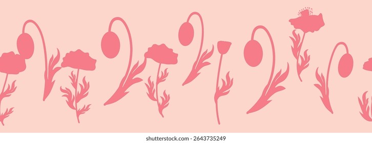 Decorative seamless vintage pattern in classic style with flowers and branches. Silhouettes of flowers, Two-color horizontal ornament in pastel colors, border