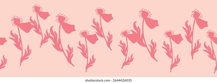 Decorative seamless vintage pattern in classic style with flowers and branches. Silhouettes of flowers, Two-color horizontal ornament in pastel colors, border