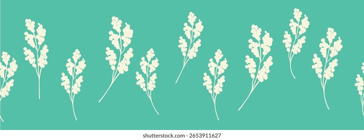 Decorativo sem costura vintage padrão em estilo clássico com flores e ramos. Silhuetas de flores, Ornamento horizontal de duas cores em cores pastel, borda
