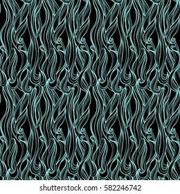 Decorative seamless water waves. Ornamental line art hand drawing. Vector pattern on black chalkboard background.