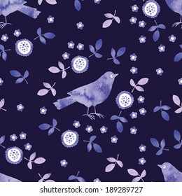 Decorative seamless with watercolor bird. Vector background.