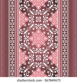 Decorative seamless white border on pink brown. Ornate element for design. Ornamental lace pattern for invitations and greeting cards. Traditional floral decor.