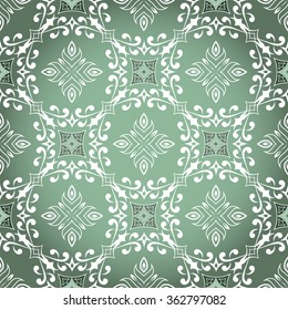 Decorative seamless white texture on green.  Element for design. Ornamental backdrop. Pattern fill. Ornate floral decor for wallpaper. Traditional decor on green background.