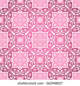 Decorative seamless white texture on pink. Element for design. Ornamental backdrop. Pattern fill. Ornate floral decor for wallpaper. Traditional decor on pink background.