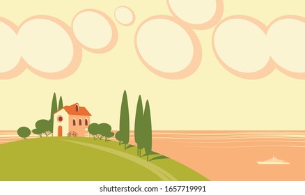 Decorative seascape in cartoon style. Vector childish illustration with a village house on a hill and sky with clouds on the background of the sea with a ship.