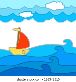 Decorative seascape with a ship - vector background